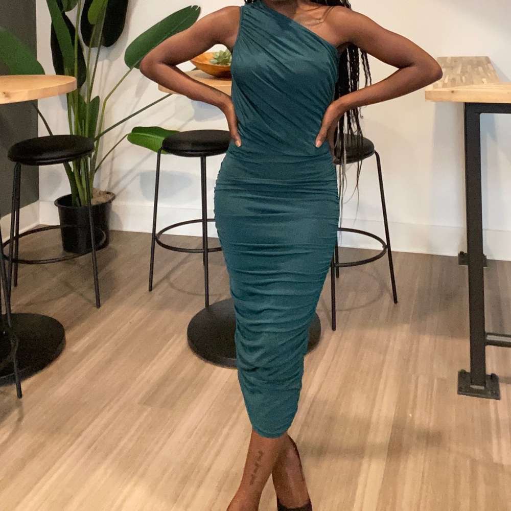 Emerald Green Slinky Ruched One Shoulder Longline Midi Dress